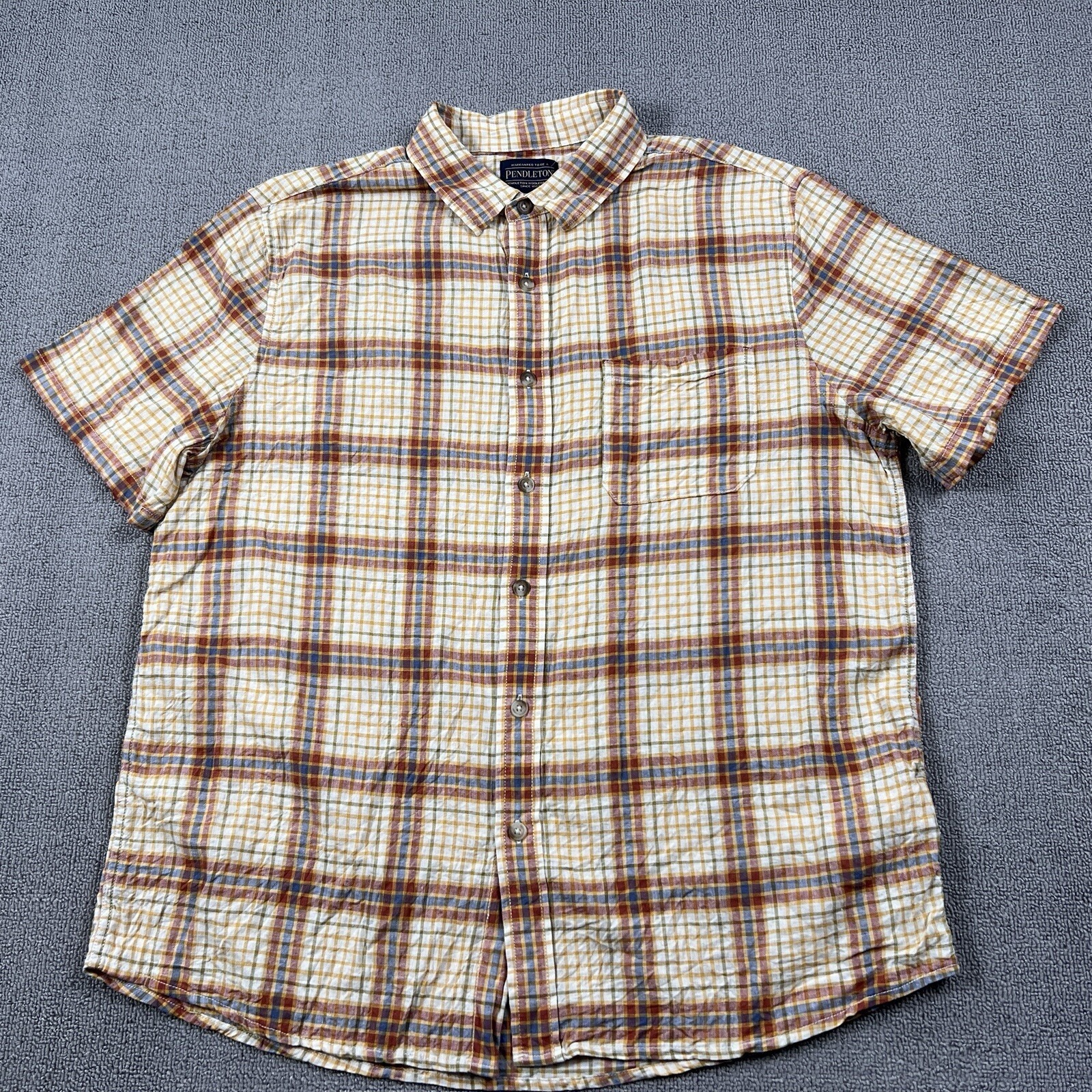 Pendleton Shirt Adult Extra Large Check Button Up Linen Short Sleeve Casual Mens